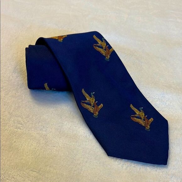 Orvis Elegant Blue Tie with Embroidered Geese Design - Picture 2 of 8